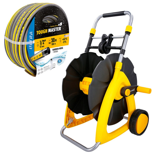 TOUGH MASTER® Hose Reel Cart Hose Trolley with hose guide & telescopic handle + 30m/100ft Reinforced Hose Pipe 3 layer