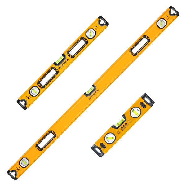 Tough Master 3 Piece PRO Spirit Level Set, Magnetic, 3 Vial High Accuracy, Front View Vial, Aluminium Shockproof Tool, 1200mm & 600mm, 250mm