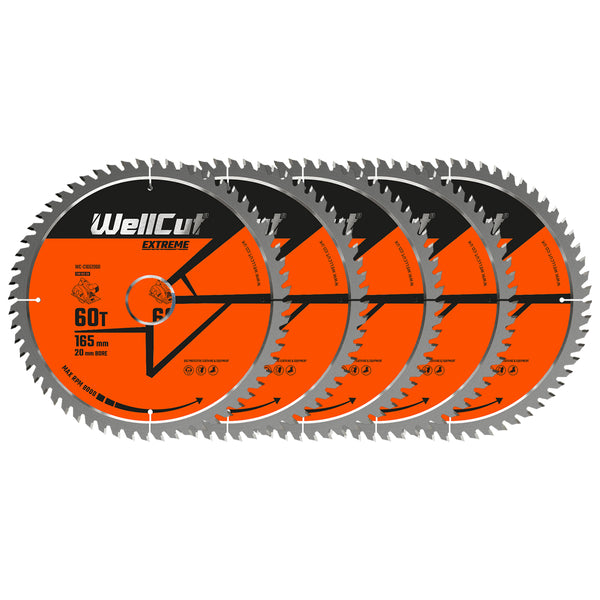 WellCut® TCT Extreme Circular Saw Blade 165mm x 20mm x 60T, Suitable for DSS610, HD18CS, DCS391, GKS18 - Pack of 5