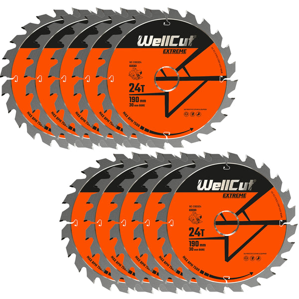 WellCut® TCT Extreme Circular Saw Blade 190mm x 30mm x 24T, Suitable for HS7601J, 5704R, C7U2, GKS65 - Pack of 10