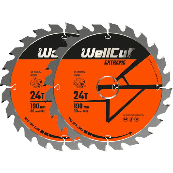 WellCut® TCT Extreme Circular Saw Blade 190mm x 30mm x 24T, Suitable for HS7601J, 5704R, C7U2, GKS65 - Pack of 2