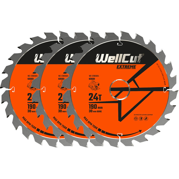 WellCut® TCT Extreme Circular Saw Blade 190mm x 30mm x 24T, Suitable for HS7601J, 5704R, C7U2, GKS65 - Pack of 3