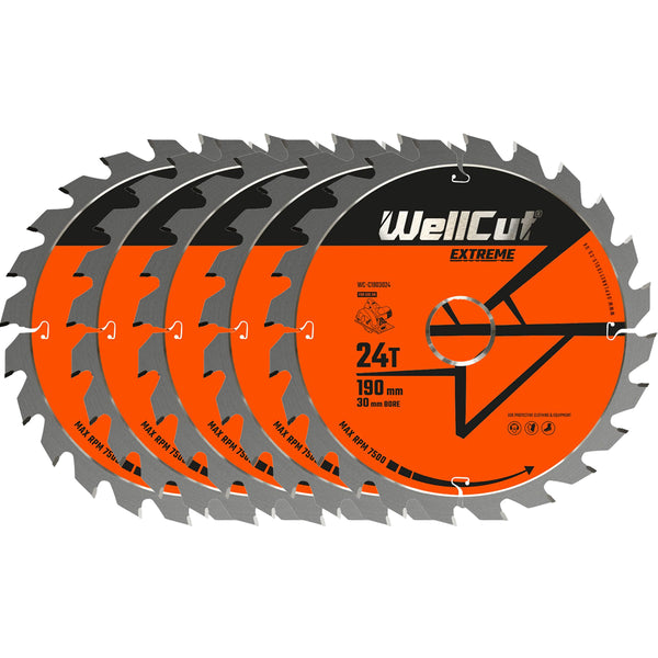 WellCut® TCT Extreme Circular Saw Blade 190mm x 30mm x 24T, Suitable for HS7601J, 5704R, C7U2, GKS65 - Pack of 5
