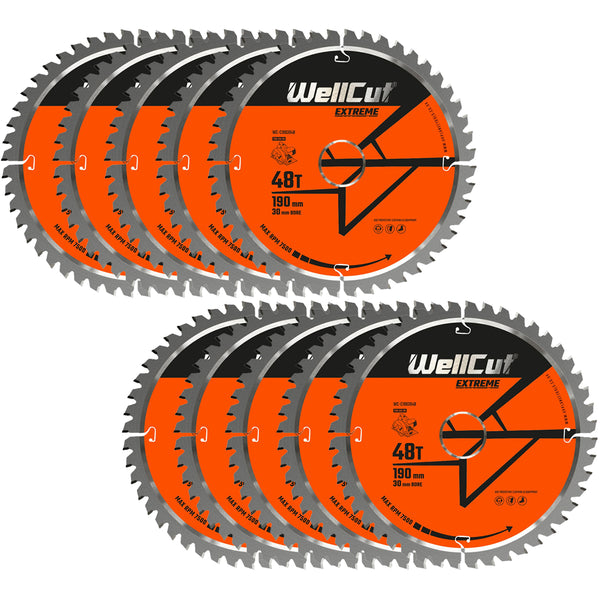 WellCut® TCT Extreme Circular Saw Blade 190mm x 30mm x 48T, Suitable for HS7601J, C7U2, DWE576, GKS65 - Pack of 10