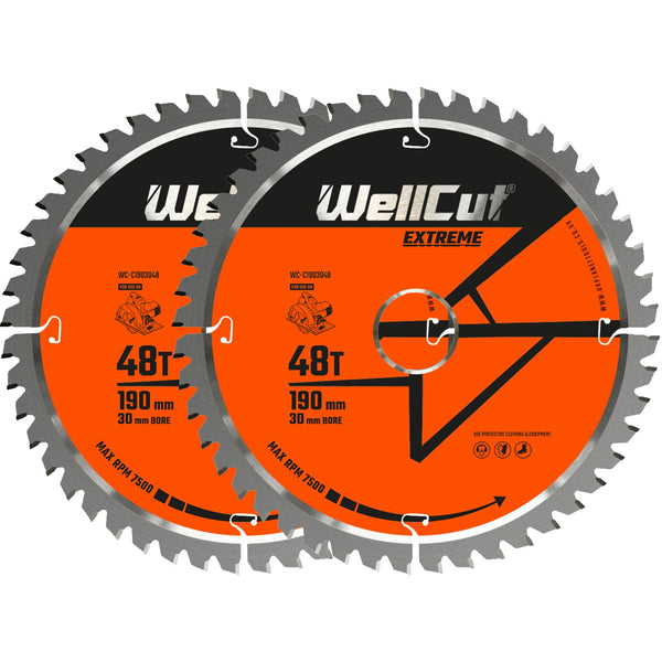 WellCut® TCT Extreme Circular Saw Blade 190mm x 30mm x 48T, Suitable for HS7601J, C7U2, DWE576, GKS65 - Pack of 2