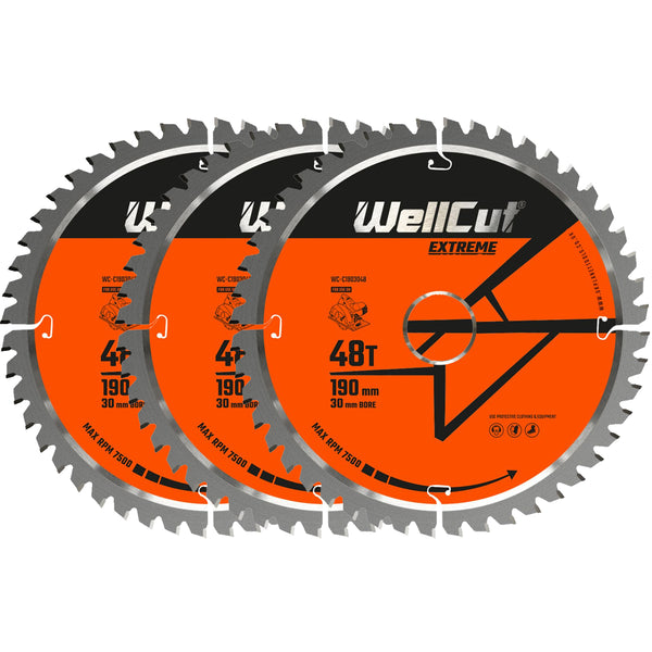 WellCut® TCT Extreme Circular Saw Blade 190mm x 30mm x 48T, Suitable for HS7601J, C7U2, DWE576, GKS65 - Pack of 3