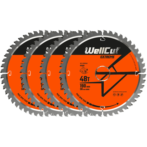WellCut® TCT Extreme Circular Saw Blade 190mm x 30mm x 48T, Suitable for HS7601J, C7U2, DWE576, GKS65 - Pack of 4