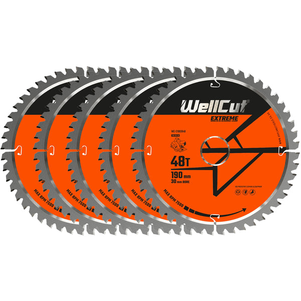 WellCut® TCT Extreme Circular Saw Blade 190mm x 30mm x 48T, Suitable for HS7601J, C7U2, DWE576, GKS65 - Pack of 5