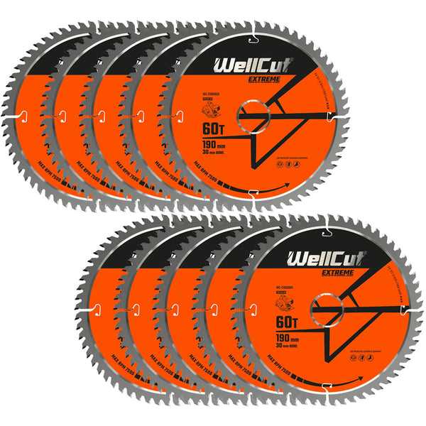 WellCut® TCT Extreme Circular Saw Blade 190mm x 30mm x 60T, Suitable for HS7100, DW62, DWE576, GKS190 - Pack of 10