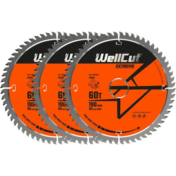 WellCut® TCT Extreme Circular Saw Blade 190mm x 30mm x 60T, Suitable for HS7100, DW62, DWE576, GKS190 - Pack of 3