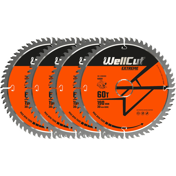 WellCut® TCT Extreme Circular Saw Blade 190mm x 30mm x 60T, Suitable for HS7100, DW62, DWE576, GKS190 - Pack of 4