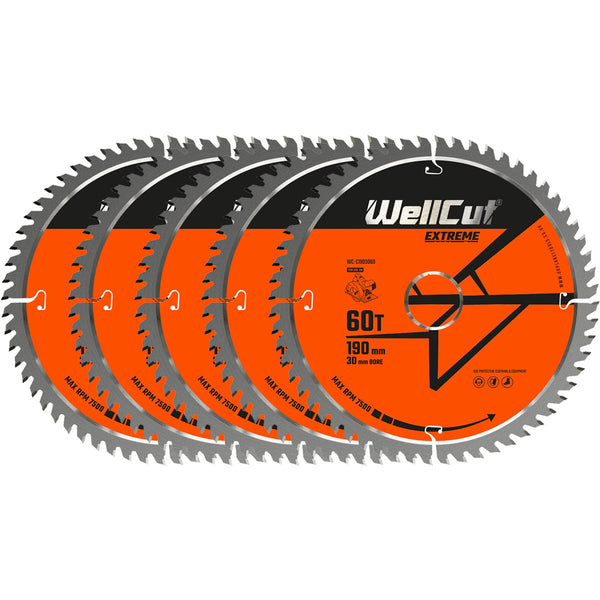 WellCut® TCT Extreme Circular Saw Blade 190mm x 30mm x 60T, Suitable for HS7100, DW62, DWE576, GKS190 - Pack of 5
