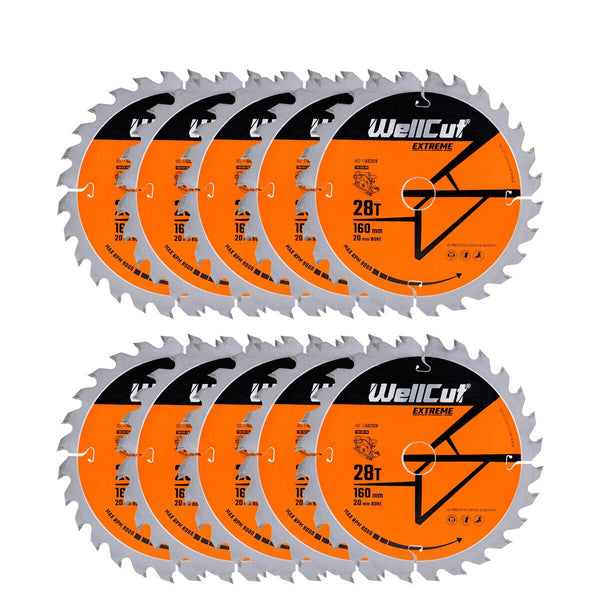 WellCut® TCT Extreme Circular Saw Plunge Saw Blade 160mm x 20mm x 28T Suitable for Festool - TS55 Pack of 10