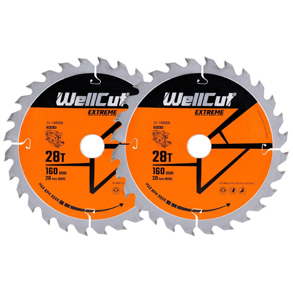WellCut® TCT Extreme Circular Saw Plunge Saw Blade 160mm x 20mm x 28T Suitable for Festool - TS55 - Pack of 2