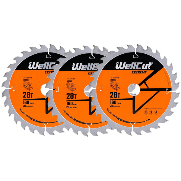 WellCut® TCT Extreme Circular Saw Plunge Saw Blade 160mm x 20mm x 28T Suitable for Festool - TS55 - Pack of 3