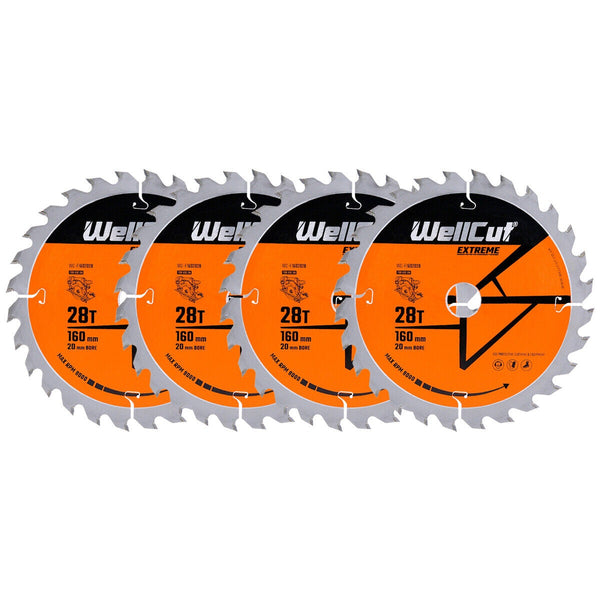 WellCut® TCT Extreme Circular Saw Plunge Saw Blade 160mm x 20mm x 28T Suitable for Festool - TS55 - Pack of 4