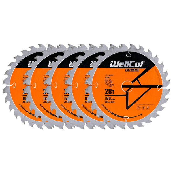 WellCut® TCT Extreme Circular Saw Plunge Saw Blade 160mm x 20mm x 28T, Suitable for Festool - TS55 - Pack of 5