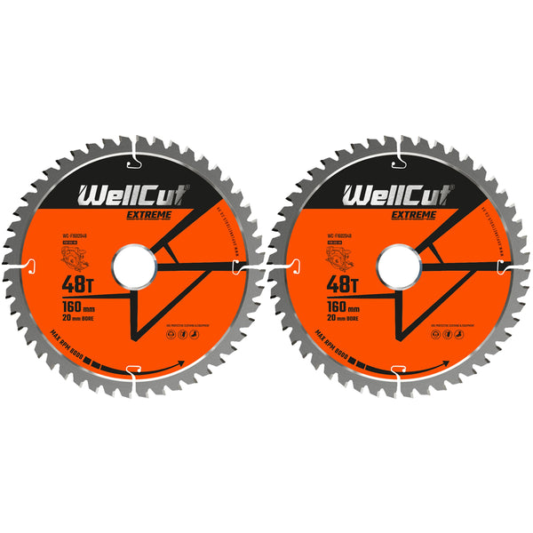 WellCut® TCT Extreme Circular Saw Plunge Saw Blade 160mm x 20mm x 48T, Suitable for Festool - TS55  Pack of 2