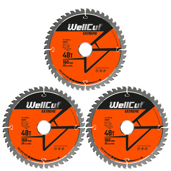 WellCut® TCT Extreme Circular Saw Plunge Saw Blade 160mm x 20mm x 48T, Suitable for Festool - TS55 Pack of 3