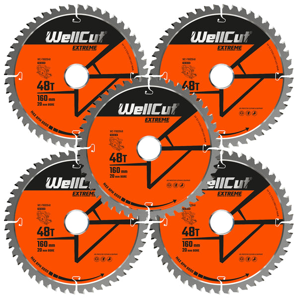 WellCut® TCT Extreme Circular Saw Plunge Saw Blade 160mm x 20mm x 48T, Suitable for Festool - TS55 Pack of 5