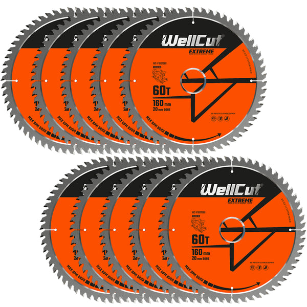 WellCut® TCT Extreme Circular Saw Plunge Saw Blade 160mm x 20mm x 60T, Suitable for Festool - TS55 Pack of 10