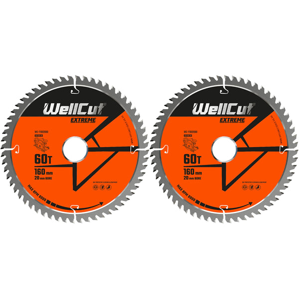 WellCut® TCT Extreme Circular Saw Plunge Saw Blade 160mm x 20mm x 60T Suitable for Festool - TS55 - Pack of 2