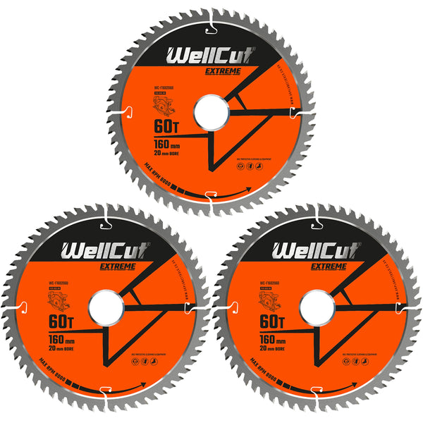 WellCut® TCT Extreme Circular Saw Plunge Saw Blade 160mm x 20mm x 60T, Suitable for Festool - TS55 Pack of 3