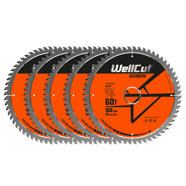 WellCut® TCT Extreme Circular Saw Plunge Saw Blade 160mm x 20mm x 60T, Suitable for Festool - TS55 Pack of 5