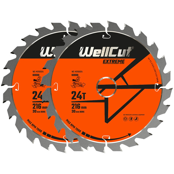 WellCut® TCT Extreme Mitre Saw Table Saw Blade 216mm x 30mm x 24T, Suitable for LS0815, DWS777, KGS216, GCM800 - Pack of 2