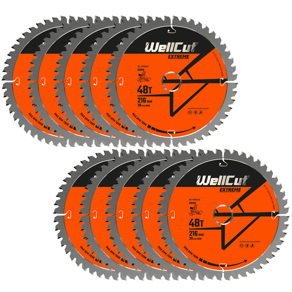 WellCut® TCT Extreme Mitre Saw Table Saw Blade 216mm x 30mm x 48T, Suitable for C8FSR, DWS774, KGS216, GCM8SJL - Pack of 10