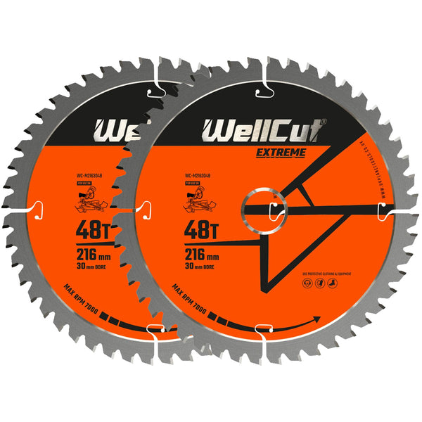 WellCut® TCT Extreme Mitre Saw Table Saw Blade 216mm x 30mm x 48T, Suitable for C8FSR, DWS774, KGS216, GCM8SJL - Pack of 2