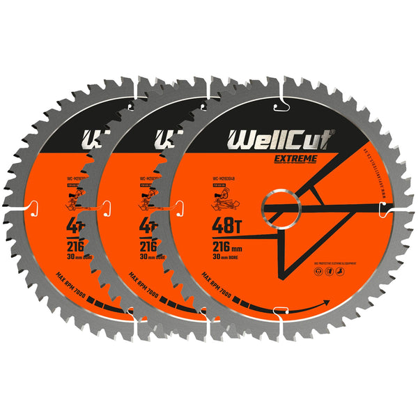 WellCut® TCT Extreme Mitre Saw Table Saw Blade 216mm x 30mm x 48T, Suitable for C8FSR, DWS774, KGS216, GCM8SJL - Pack of 3