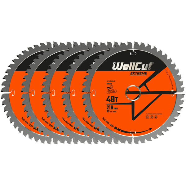 WellCut® TCT Extreme Mitre Saw Table Saw Blade 216mm x 30mm x 48T, Suitable for C8FSR, DWS774, KGS216, GCM8SJL - Pack of 5