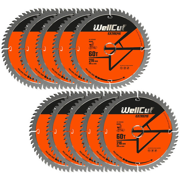 WellCut® TCT Extreme Mitre Saw Table Saw Blade 216mm x 30mm x 60T, Suitable for LS0815, DWS777, DWS774 - Pack of 10
