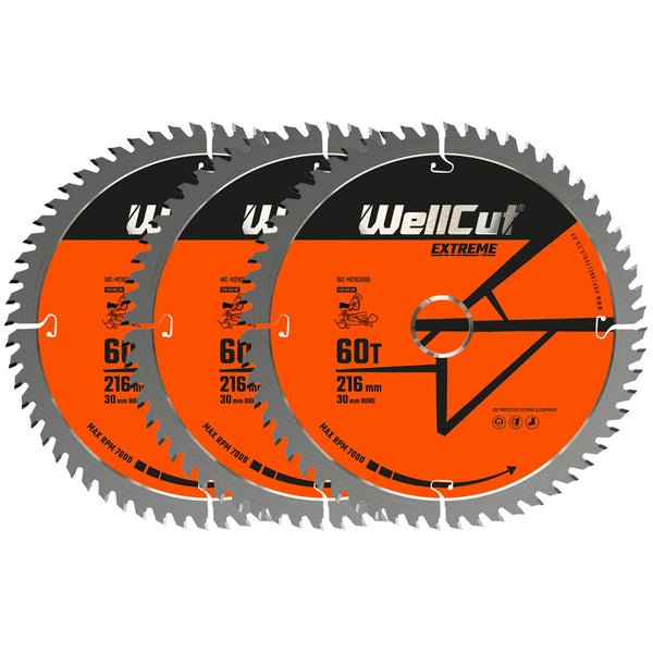 WellCut® TCT Extreme Mitre Saw Table Saw Blade 216mm x 30mm x 60T, Suitable for LS0815, DWS777, DWS774 - Pack of 3