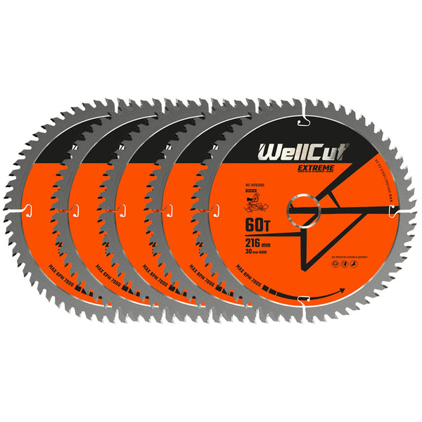 WellCut® TCT Extreme Mitre Saw Table Saw Blade 216mm x 30mm x 60T, Suitable for LS0815, DWS777, DWS774 - Pack of 5
