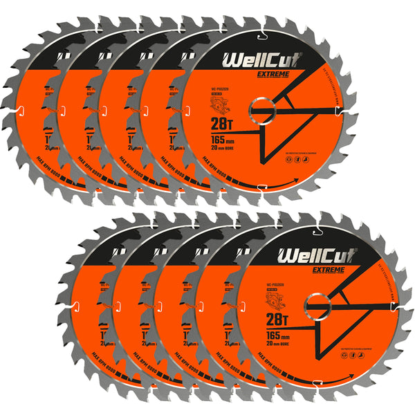 WellCut® TCT Extreme Circular Saw Plunge Saw Blade 165mm x 20mm x 28T, Suitable for SP6000, DWS520, DCS520, GKT55 - Pack of 10