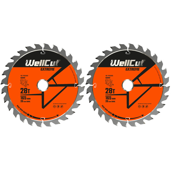 WellCut® TCT Extreme Circular Saw Plunge Saw Blade 165mm x 20mm x 28T, Suitable for SP6000, DWS520, DCS520, GKT55 - Pack of 2