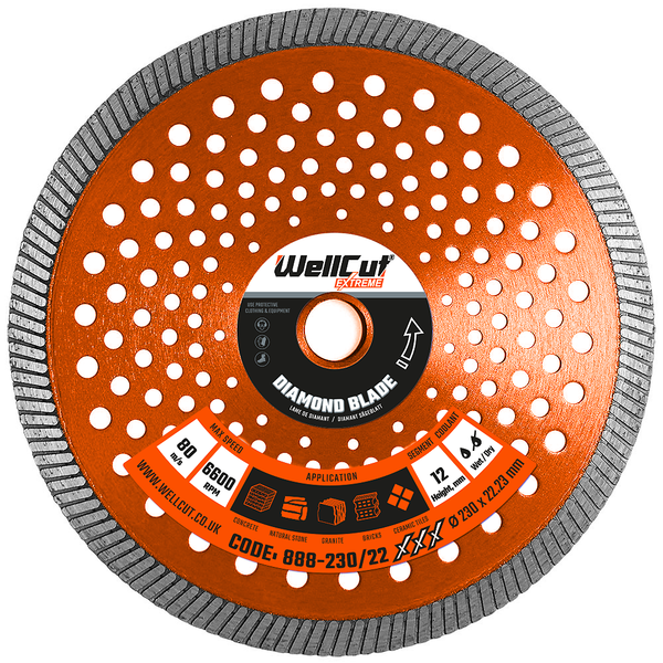 WellCut® Extreme Diamond blade for angle grinder & petrol disc cutter 230mm x 22mm Bore