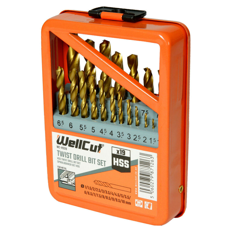 WELLCUT HSS Twist Drill Bit Set 1mm - 10mm - 19 Piece for Makita Dewalt Bosch Milwaukee