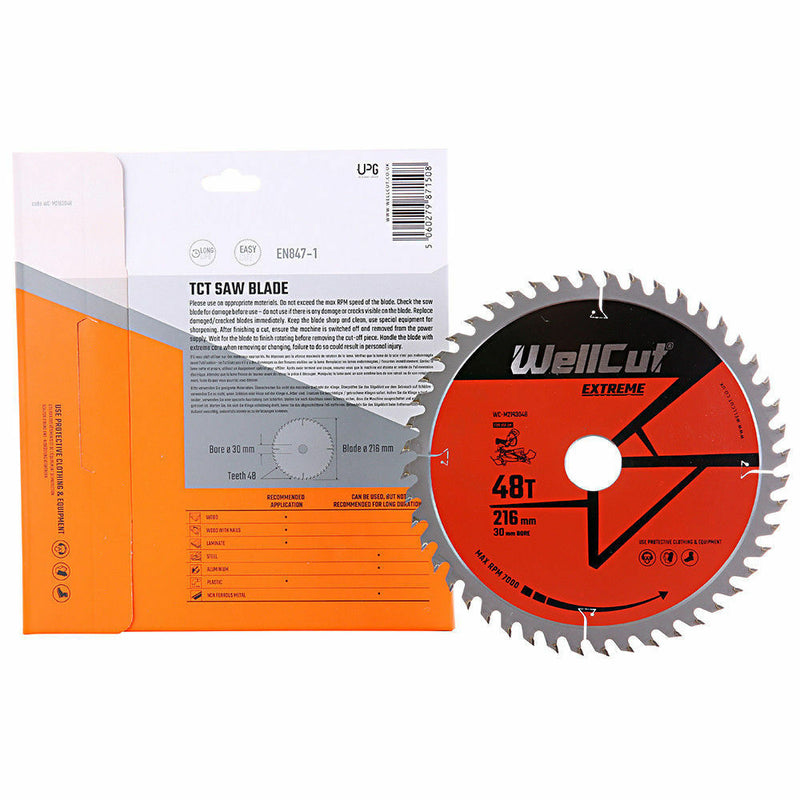 WELLCUT TCT pjūklo diskas 216 mm x 48 T x 30 mm anga, skirta GCM800, GCM8SJL, KGS216, C8FSR