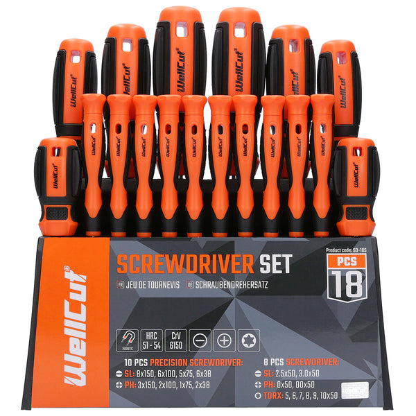 WELLCUT 18 Piece Pro Screwdriver Set Magnetic with Precision Screwdrivers Free Spinning WC-SD18S