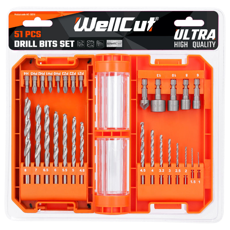 WELLCUT Drill Bit Set Mixed In Compact Case 51 Pc For Wood, Plastic, Brick, Ceramic Tile